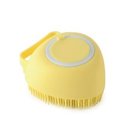 Shampoo-dispensing bath gloves for Golden Retrievers — yellow silicone bath brush, close-up view