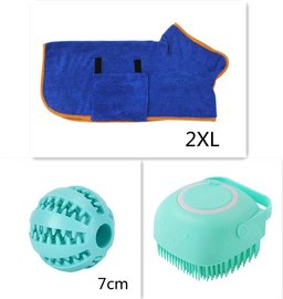 Shampoo-dispensing bath gloves for Golden Retrievers — gift set items, blue dog bathrobe, treat ball and bath brush