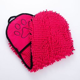 Super Absorbent Dog Bathrobe for Golden Retrievers — rose red chenille drying mitt with paw-print side