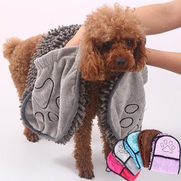 Super Absorbent Dog Bathrobe for Golden Retrievers — brown poodle wearing the grey robe, front view with folded color options