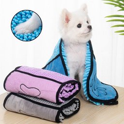 Super Absorbent Dog Bathrobe for Golden Retrievers — white dog wearing the blue robe beside rolled pink and grey robes, with close-up texture inset