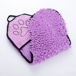 Super Absorbent Dog Bathrobe for Golden Retrievers — purple chenille drying mitt with pink paw-print side