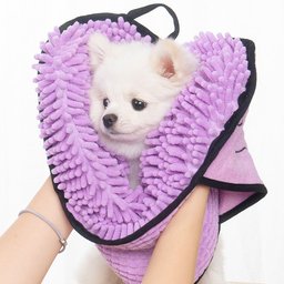 Super Absorbent Dog Bathrobe for Golden Retrievers — white puppy wrapped in the purple chenille robe, held in hands