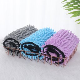 Super Absorbent Dog Bathrobe for Golden Retrievers — three rolled robes in grey, blue and purple in a wire basket