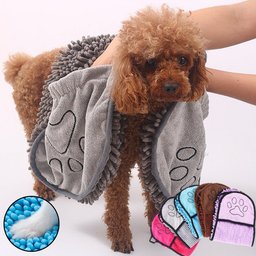 Super Absorbent Dog Bathrobe for Golden Retrievers — brown poodle wearing the grey robe with paw-print pockets