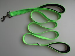 Double handle training leash for Golden Retrievers — bright green leash with black-trimmed padded handles and metal clasp, laid out in loops