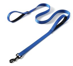 Double handle training leash for Golden Retrievers — blue leash with black-trimmed padded handles and metal clasp, diagonal view