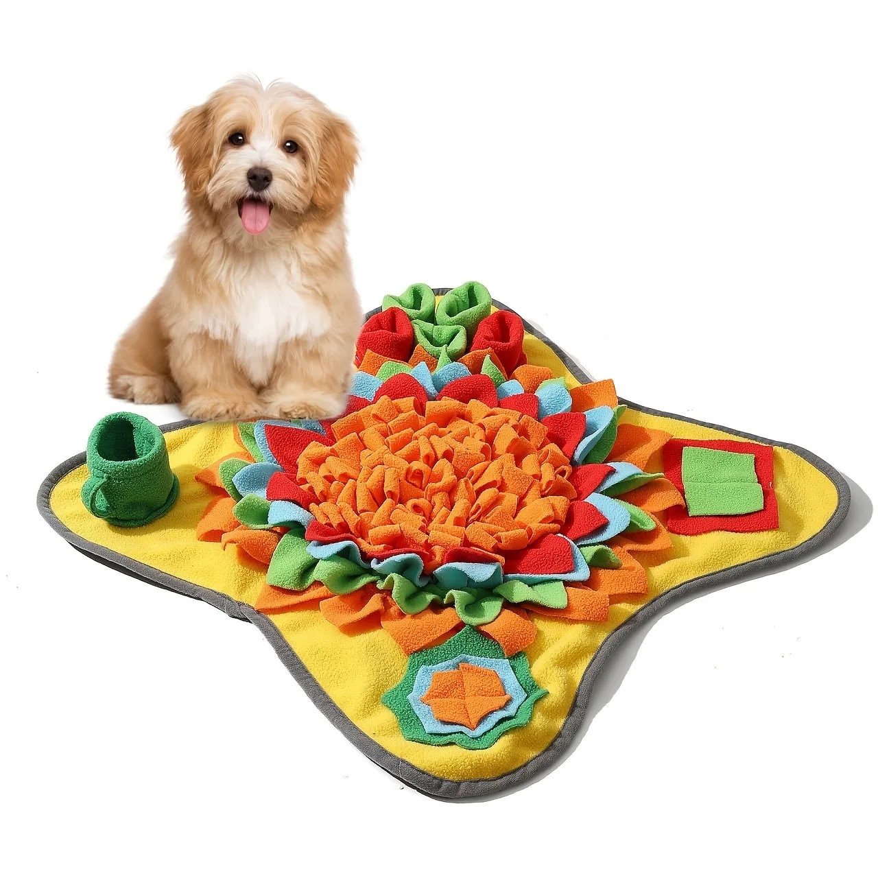 Snuffle mat for Golden Retrievers - dog with colorful fleece snuffle mat