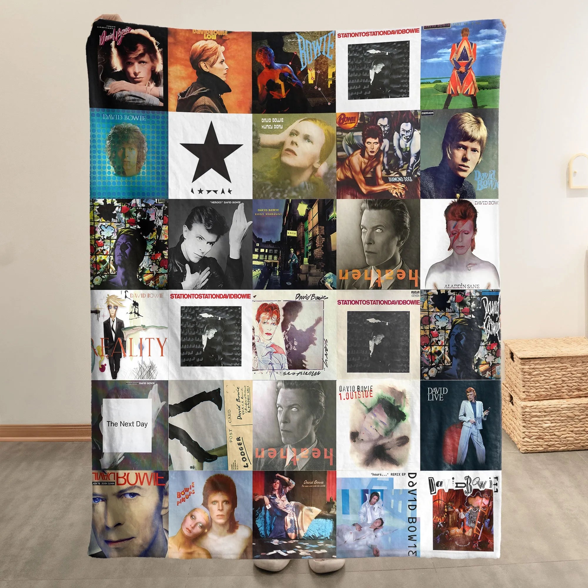 David Bowie Merch Albums Collage Sherpa Blanket Gift For Glam Rock Fans