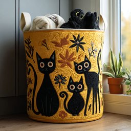 Black Cat Bloom Quilted Laundry Basket Merch For Mom