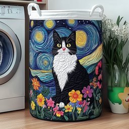 Cat Under Starry Night Quilted Laundry Basket Perfect Gift For College Dorm