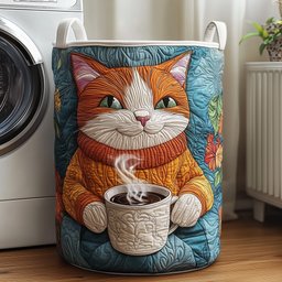 Cat With Coffee Quilted Laundry Basket Must-Have Laundry Essential