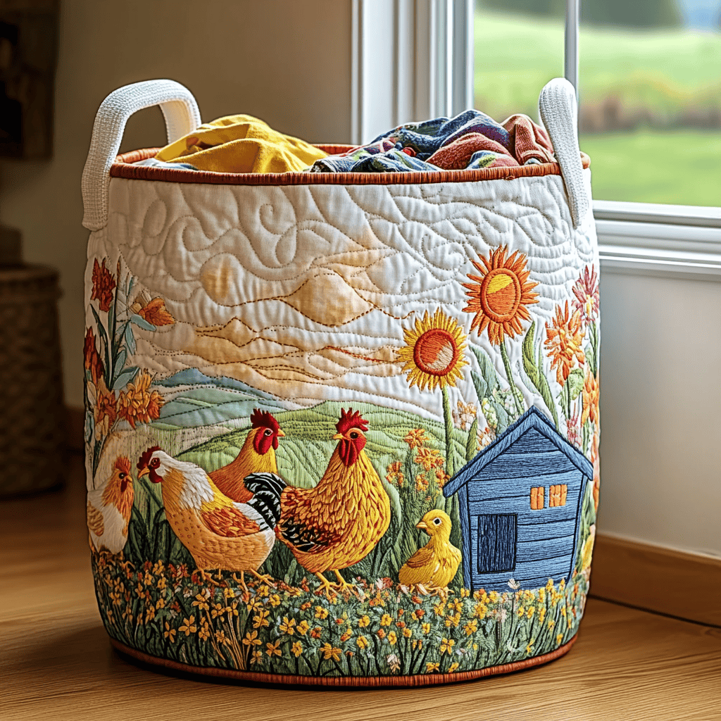 Chicken Meadow Quilted Laundry Basket Valentine�s Day Merch Gift