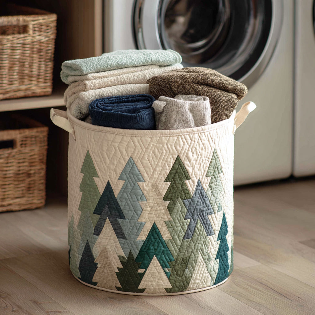 Christmas Green Trees Quilted Laundry Basket Merch For Cozy Nights