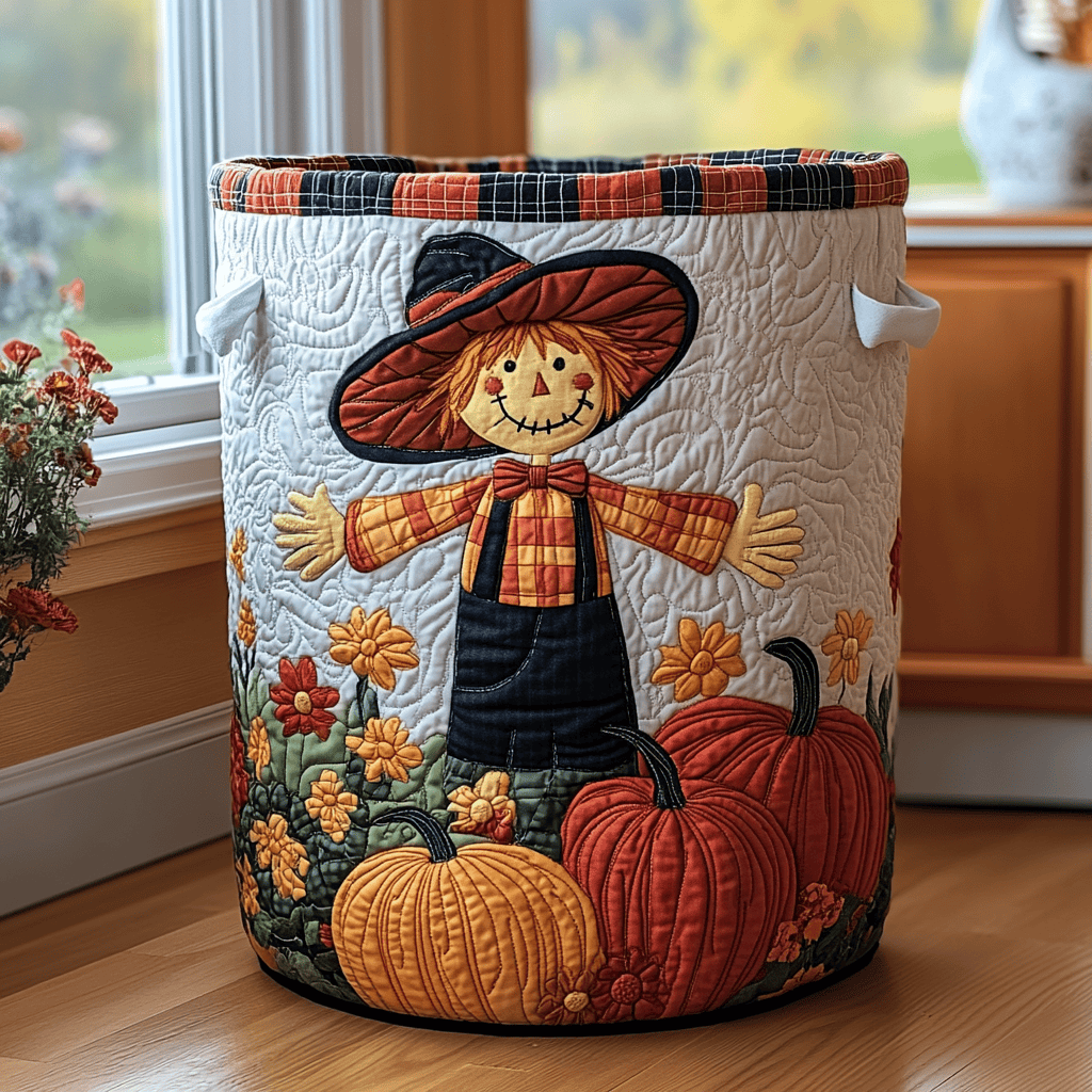 Cozy Scarecrow Quilted Laundry Basket Perfect Gift For Apartment Living