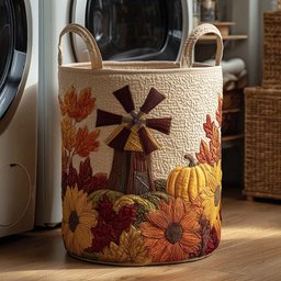 Fall Harvest Path Quilted Laundry Basket Halloween Merch Gift
