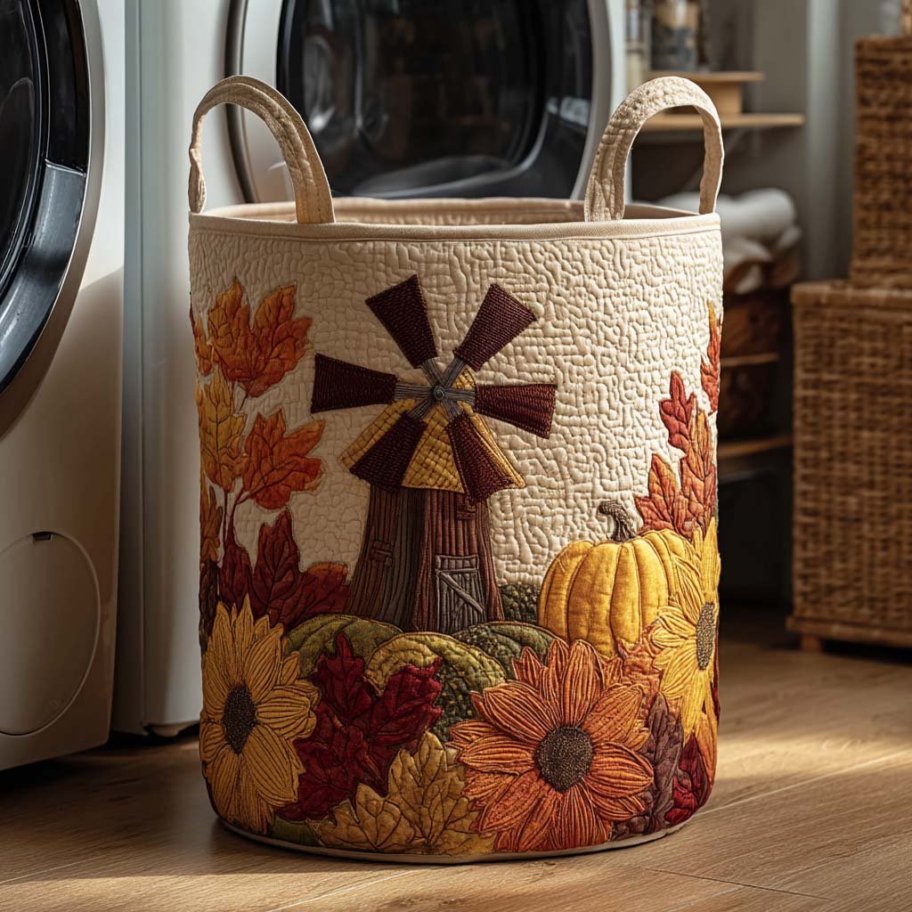 Fall Harvest Path Quilted Laundry Basket Halloween Merch Gift