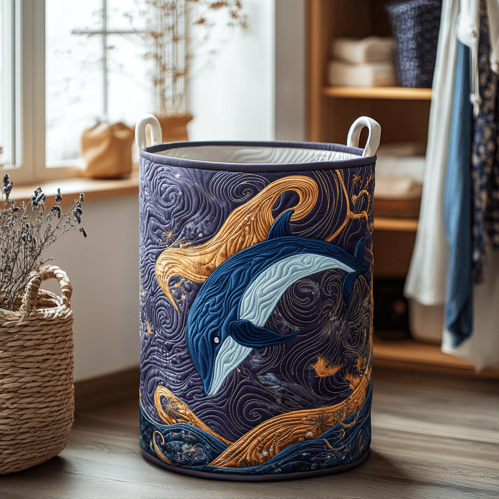 Dolphin Tide Quilted Laundry Basket Merch For Cozy Nights
