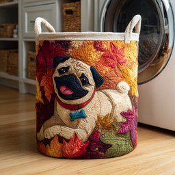 Leaf Pile Pug Quilted Laundry Basket Merch For Her