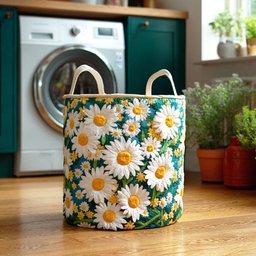 White Daisy Charm Quilted Laundry Basket Merch For Home And Living