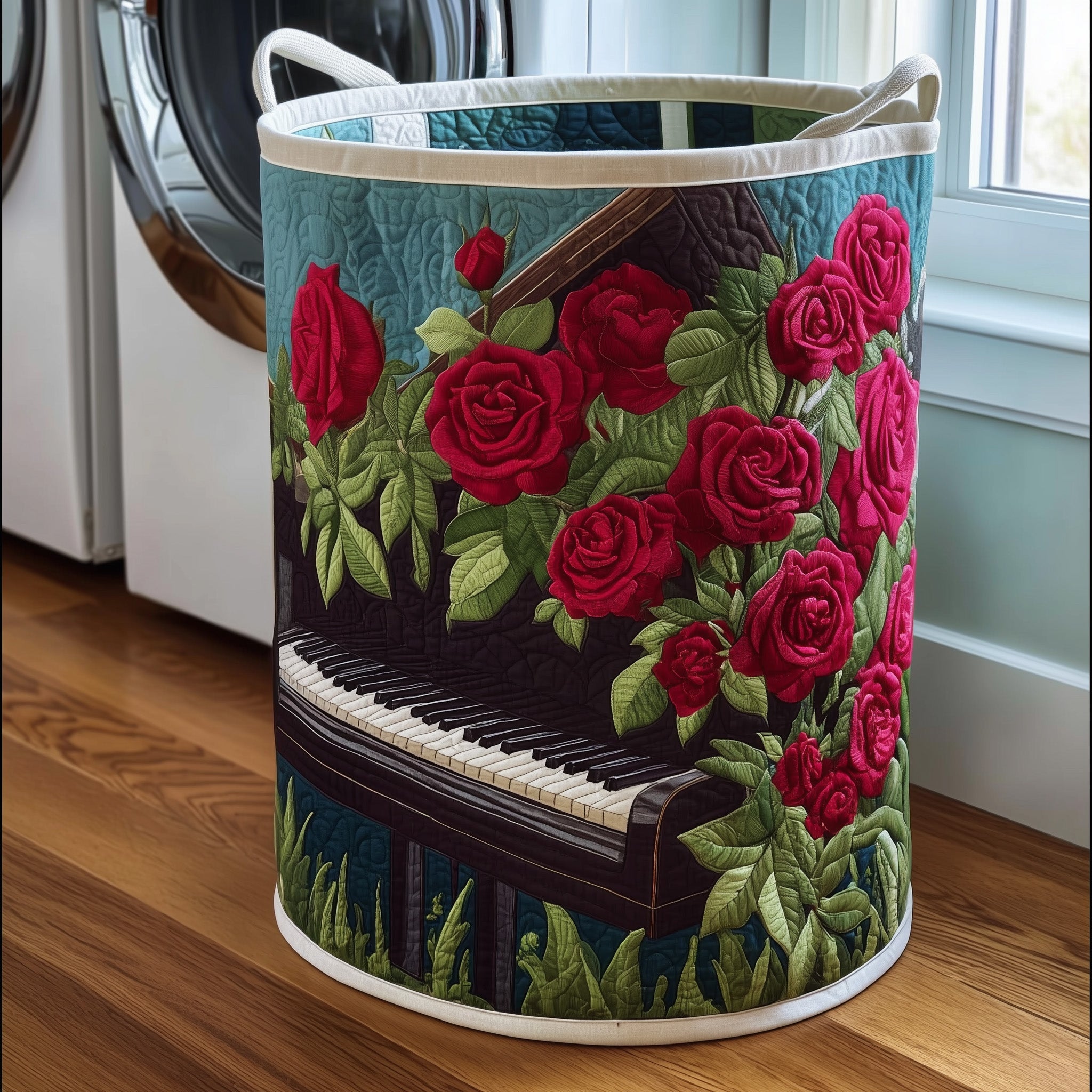 Whispering Piano Bloom Quilted Laundry Basket Merch For Her