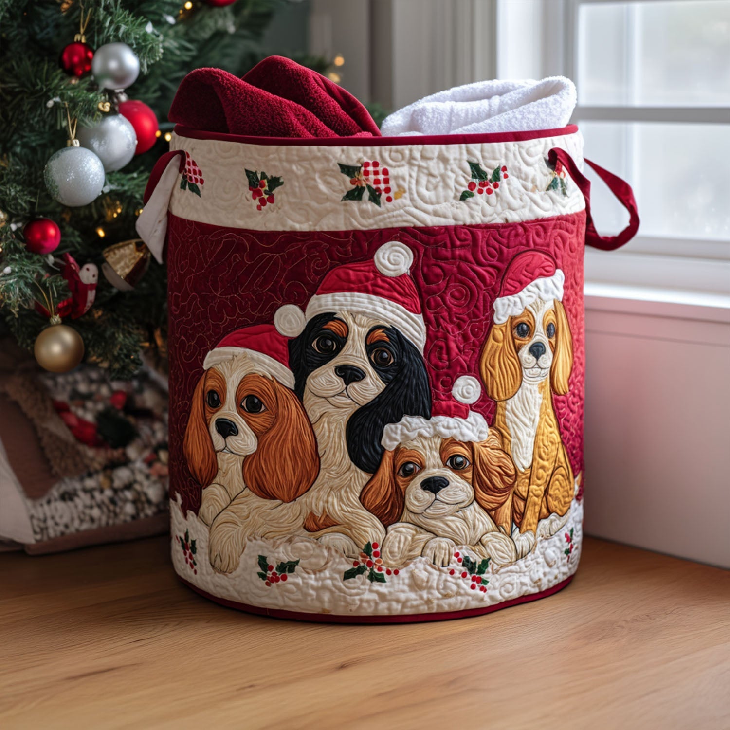Holiday Spaniel Quilted Laundry Basket Merch For Friends