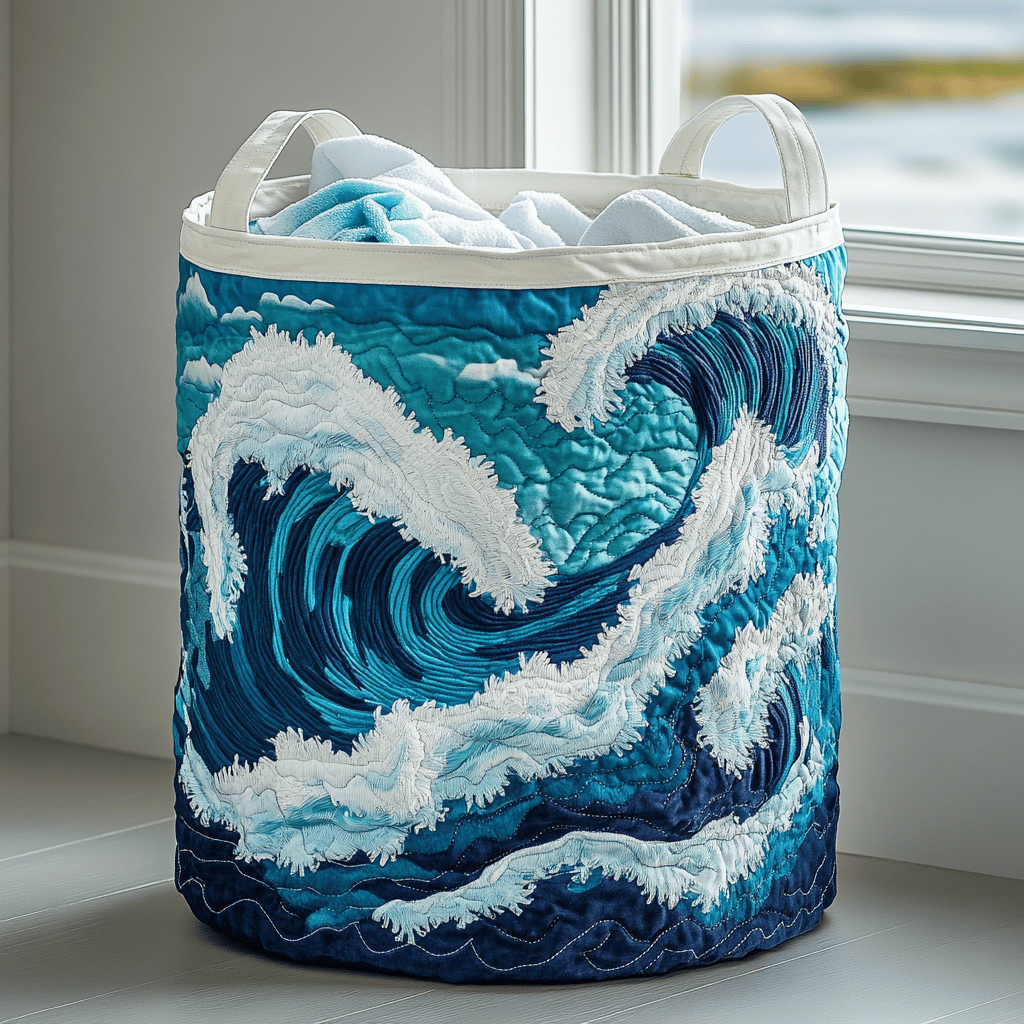 Ocean Wave Quilted Laundry Basket Merch For Cozy Nights