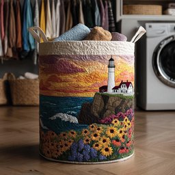 Floral Lighthouse Quilted Laundry Basket Everyday Merch Choice