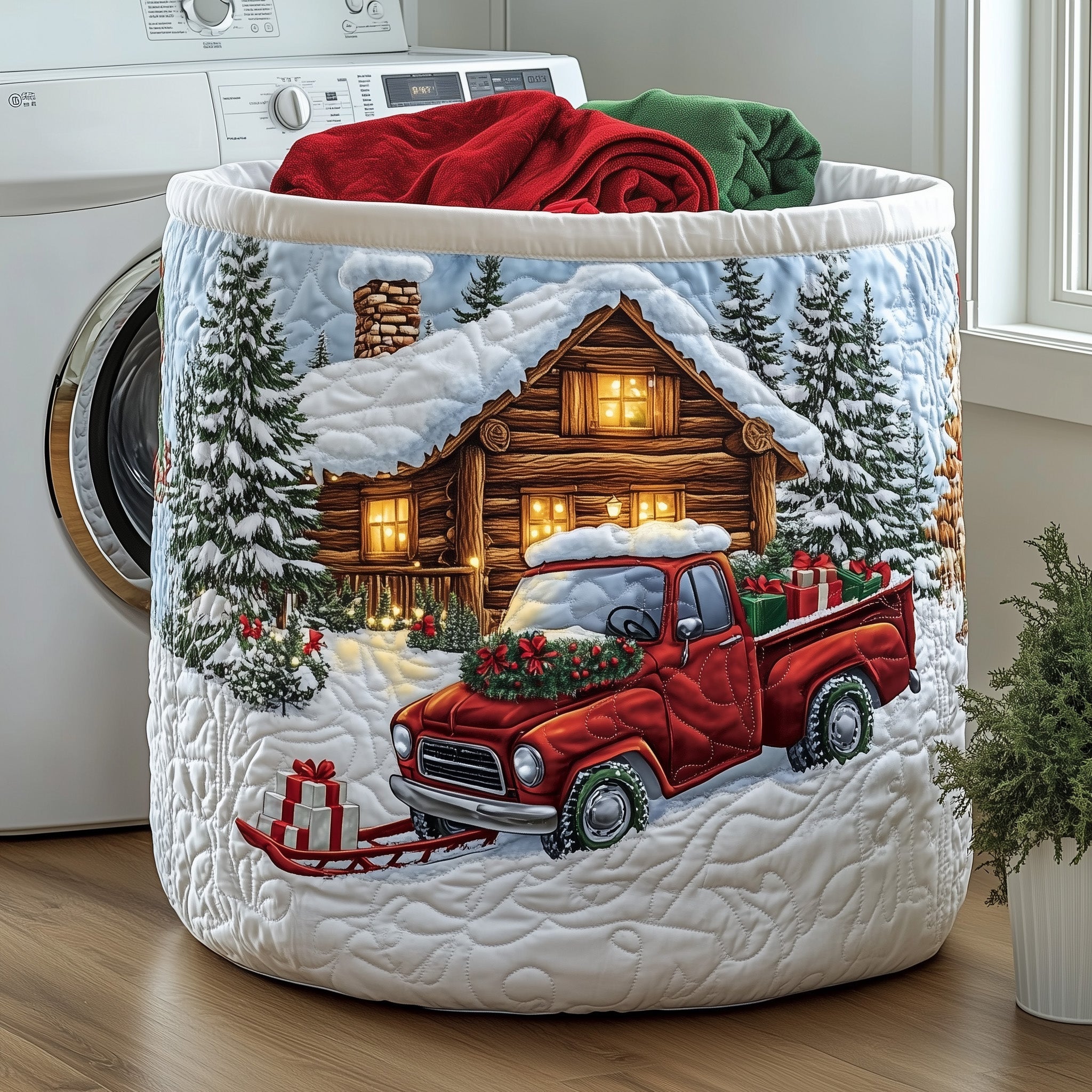 Snow Cabin Quilted Laundry Basket Father�s Day Merch Gift