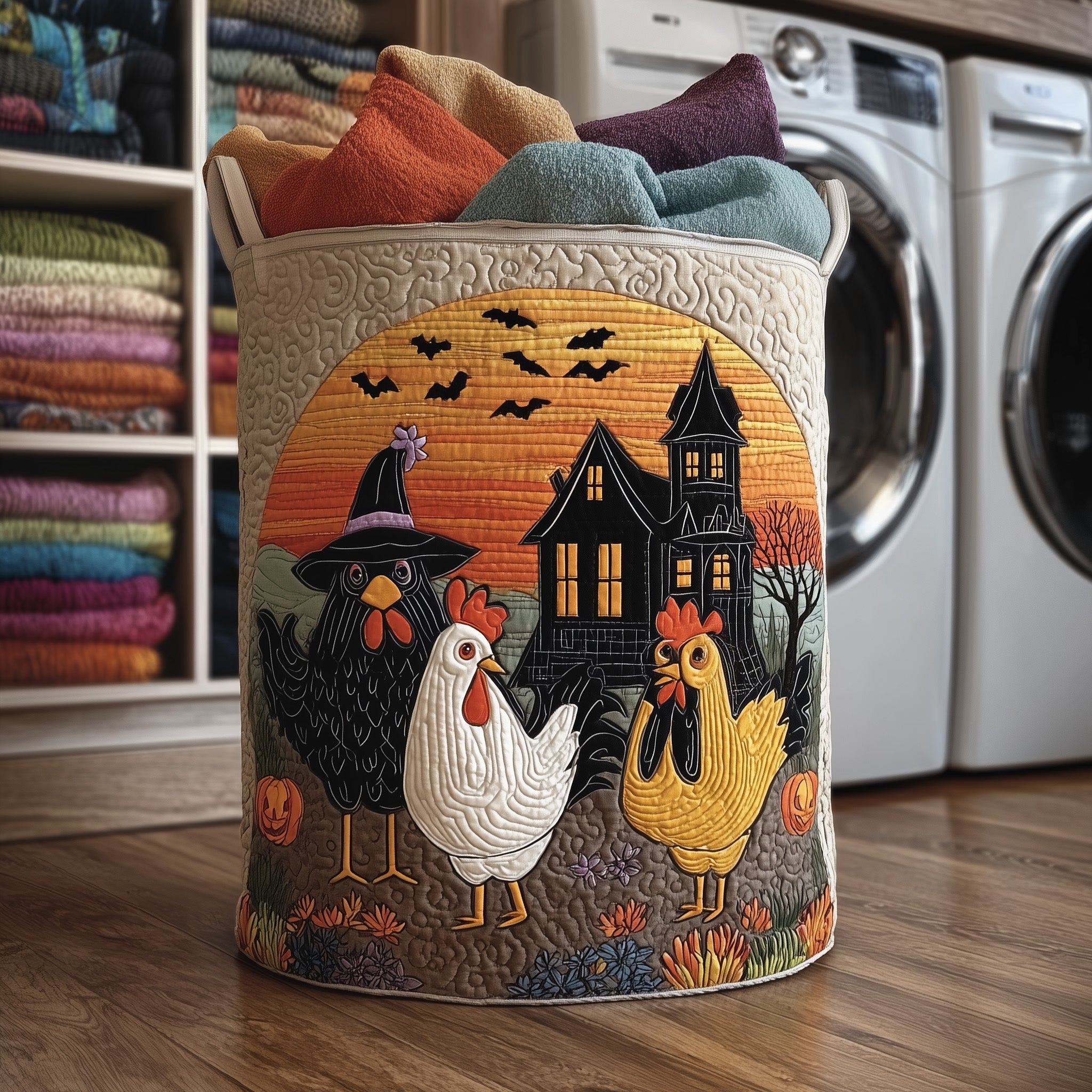 Whimsical Autumn Chicken Quilted Laundry Basket Merch For Couples