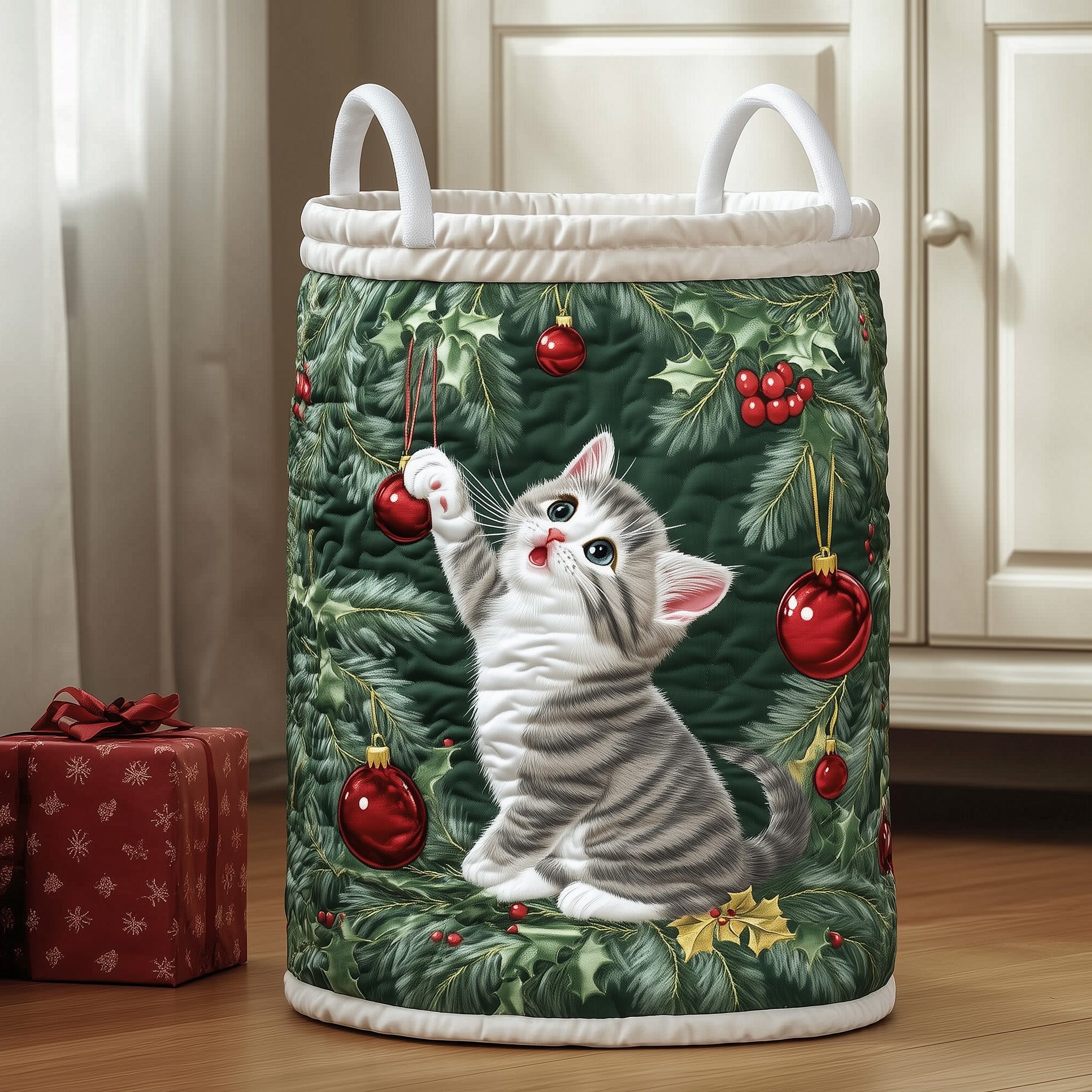 Happy Kitten Quilted Laundry Basket Merch For Cozy Nights