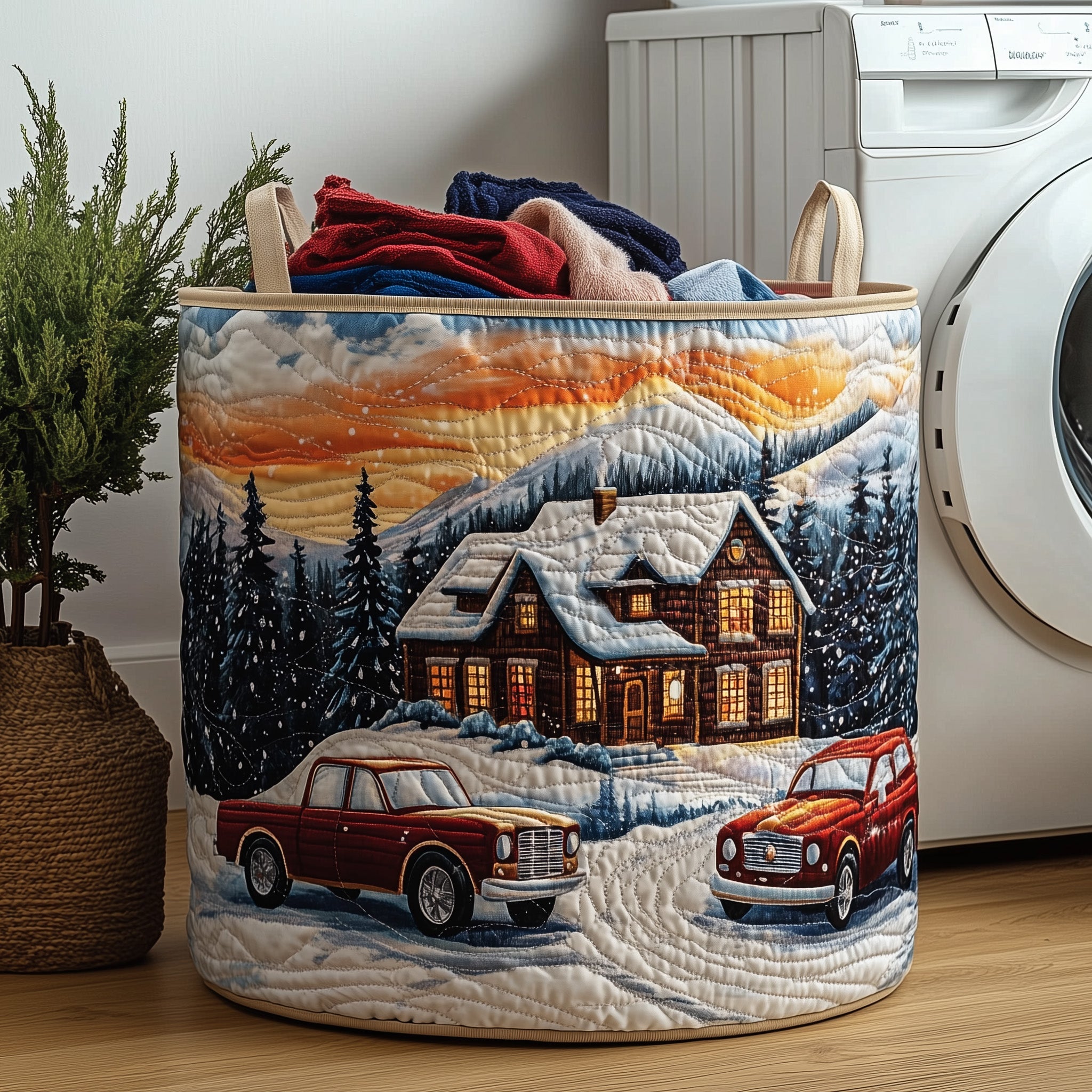 Peaceful Snow Cabin Quilted Laundry Basket Father�s Day Merch Gift