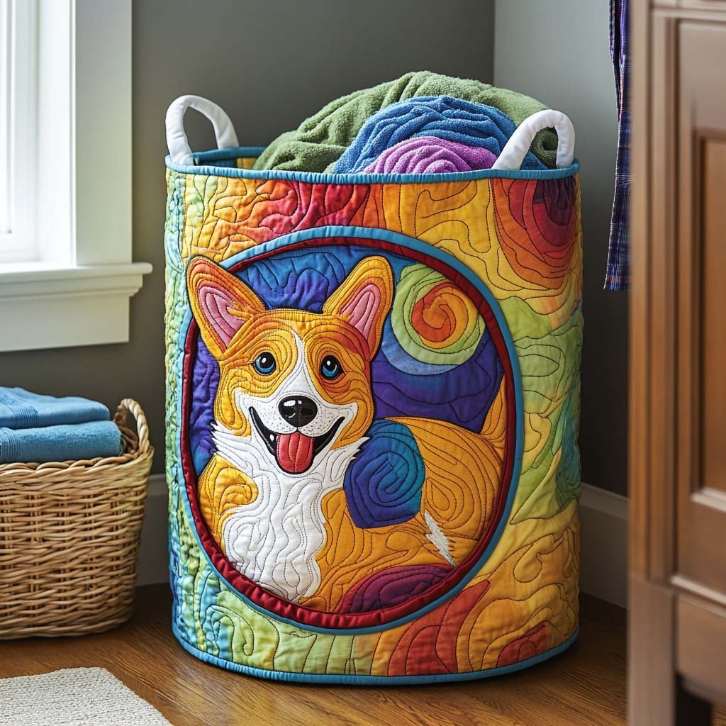 Sunny Corgi Quilted Laundry Basket Father�s Day Merch Gift