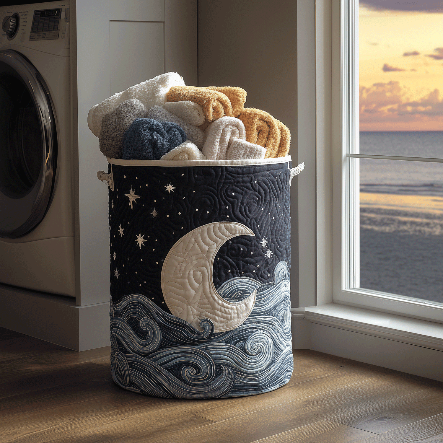Moonlit Waves Quilted Laundry Basket Merch For Friends