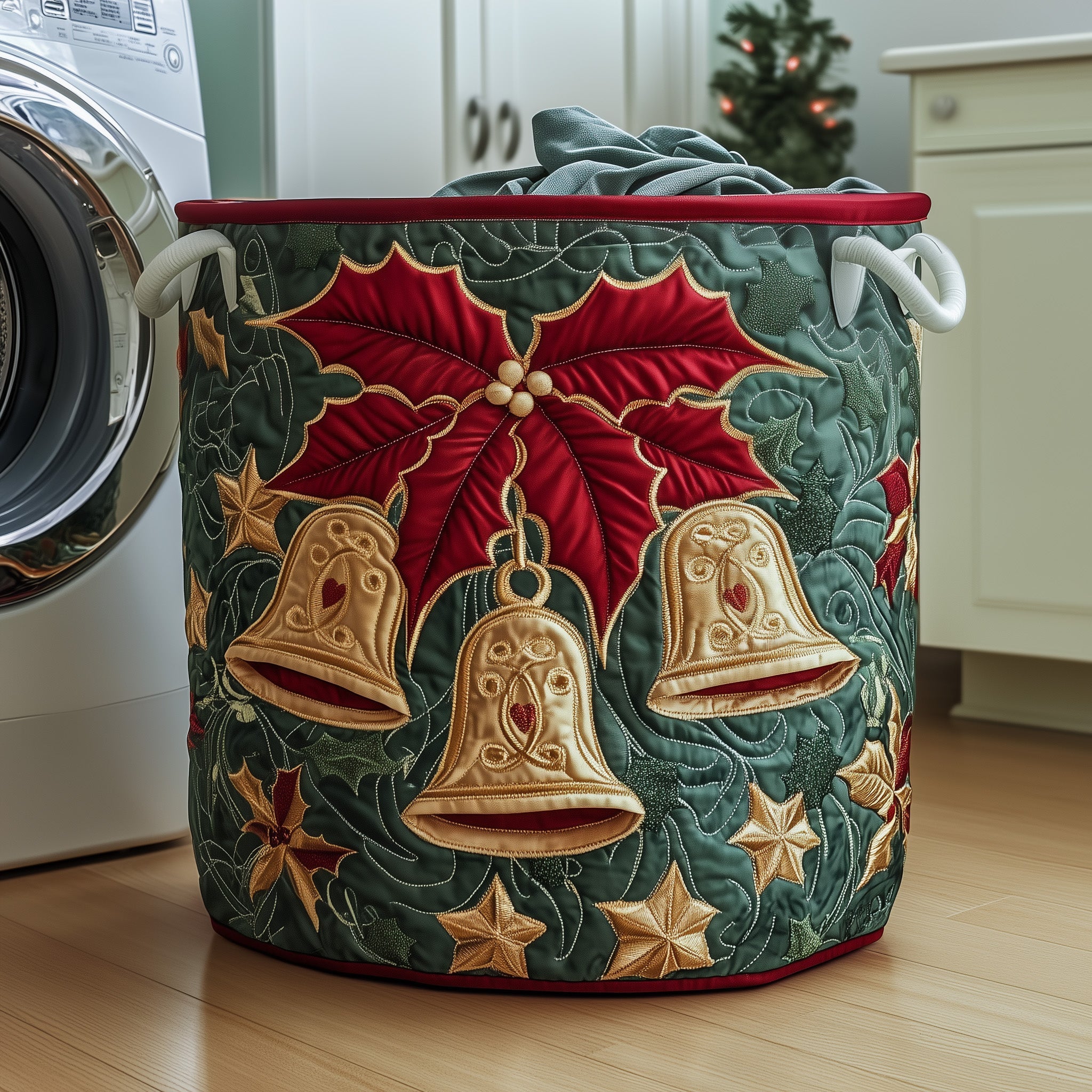 Poinsettia Quilted Laundry Basket Thanksgiving Merch Gift