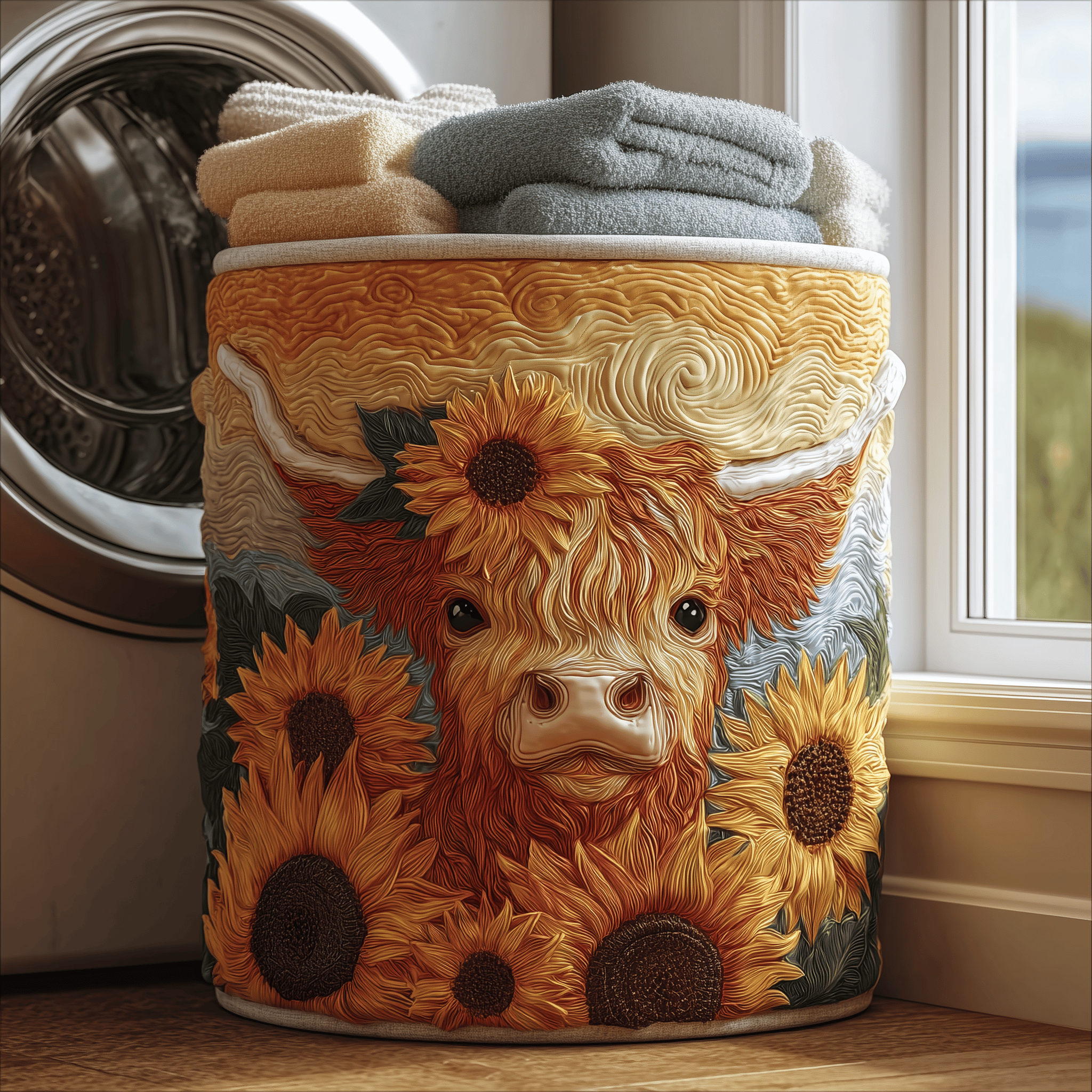 Sunny Highland Cow Quilted Laundry Basket Father�s Day Merch Gift