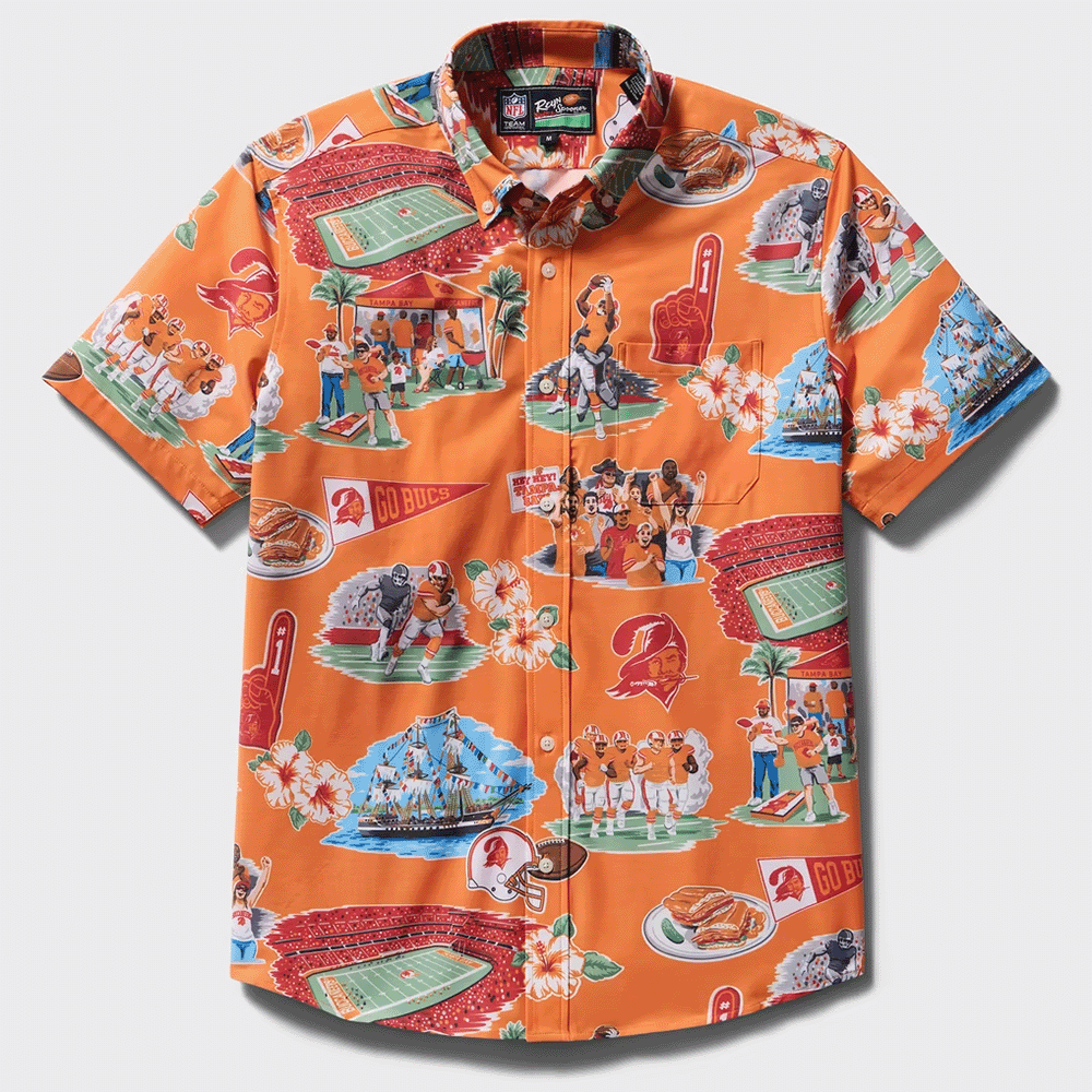 Reyn Spooner Tampa Bay Buccaneers Merch Hawaiian Shirt Orange Scenic Aloha Shirt Gift For Son_