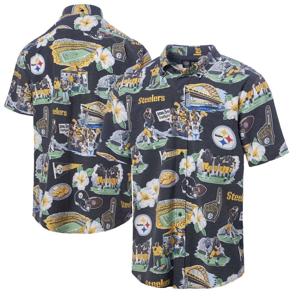 Reyn Spooner Pittsburgh Steelers Merch Hawaiian Shirt Black Scenic Aloha Shirt Best Sport Mens Gift_