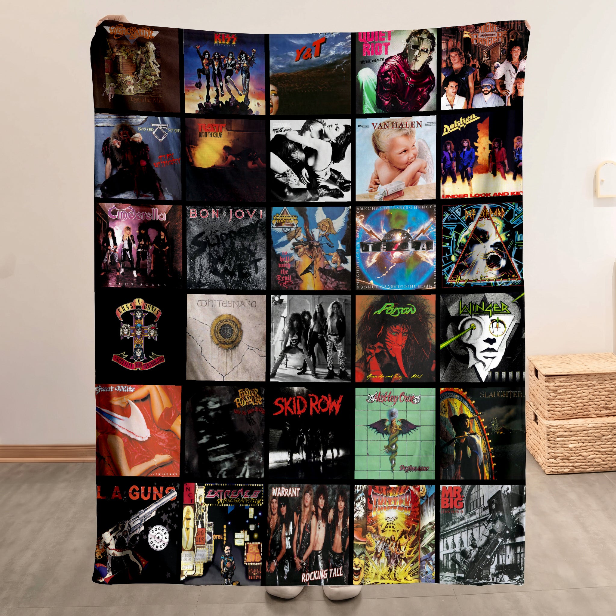 80s And 90s Hair Metal Bands Merch Albums Collage Sherpa Blanket Gift For Hair Metal Lovers