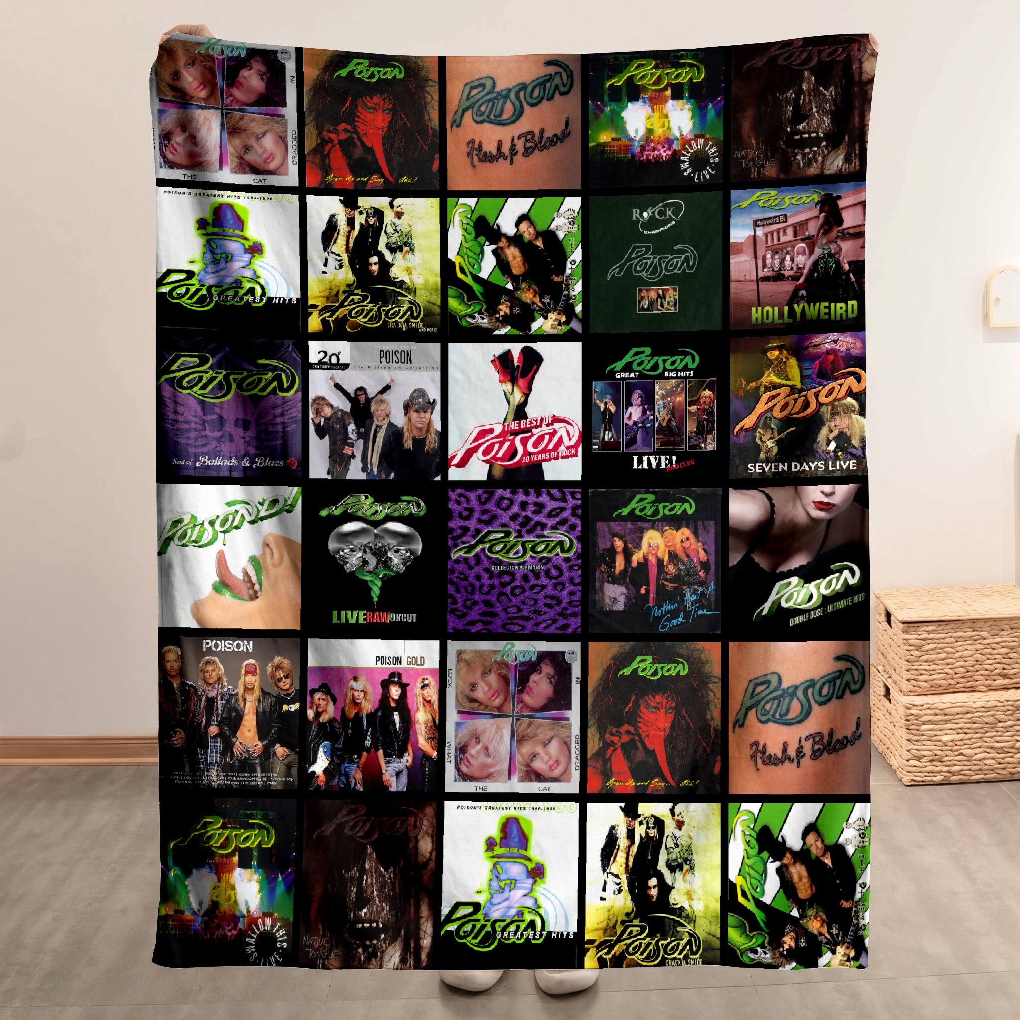 Poison Merch Albums Collage Sherpa Blanket Gift For Glam Metal Lovers