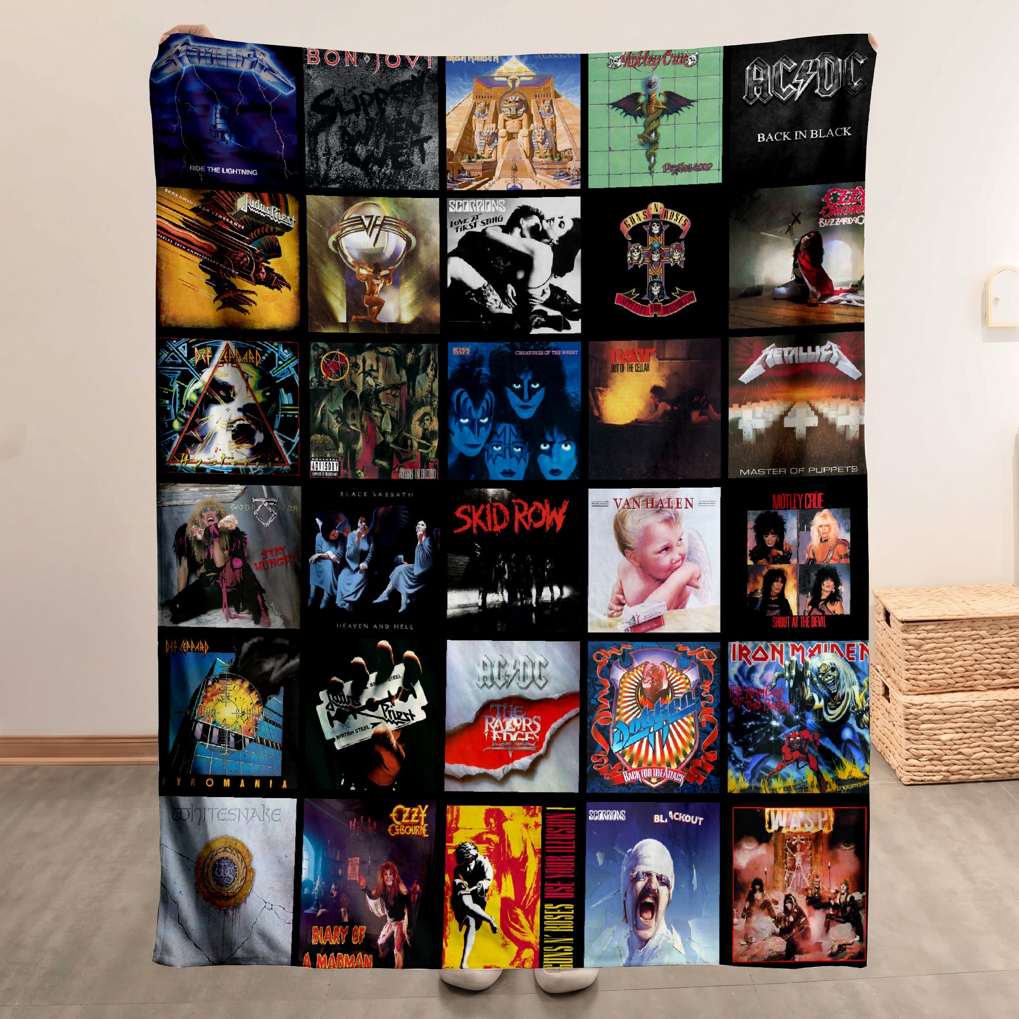 80s And 90s Rock And Metal Merch Albums Collage Sherpa Blanket Gift For Heavy Metal Enthusiasts