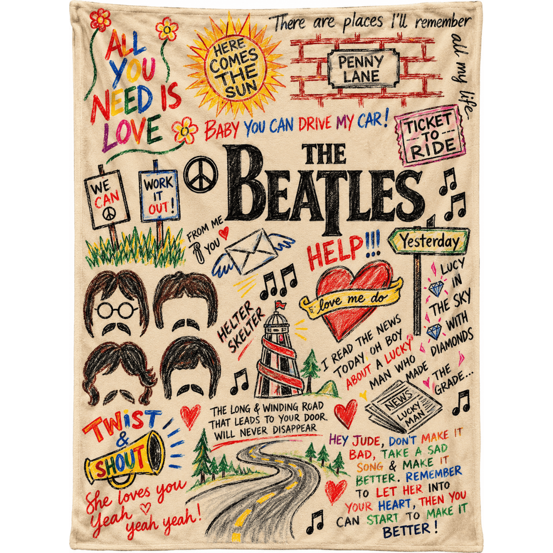The Beatles Merch Song Doodles Art Sherpa Blanket Gift For Classic Rock Fans