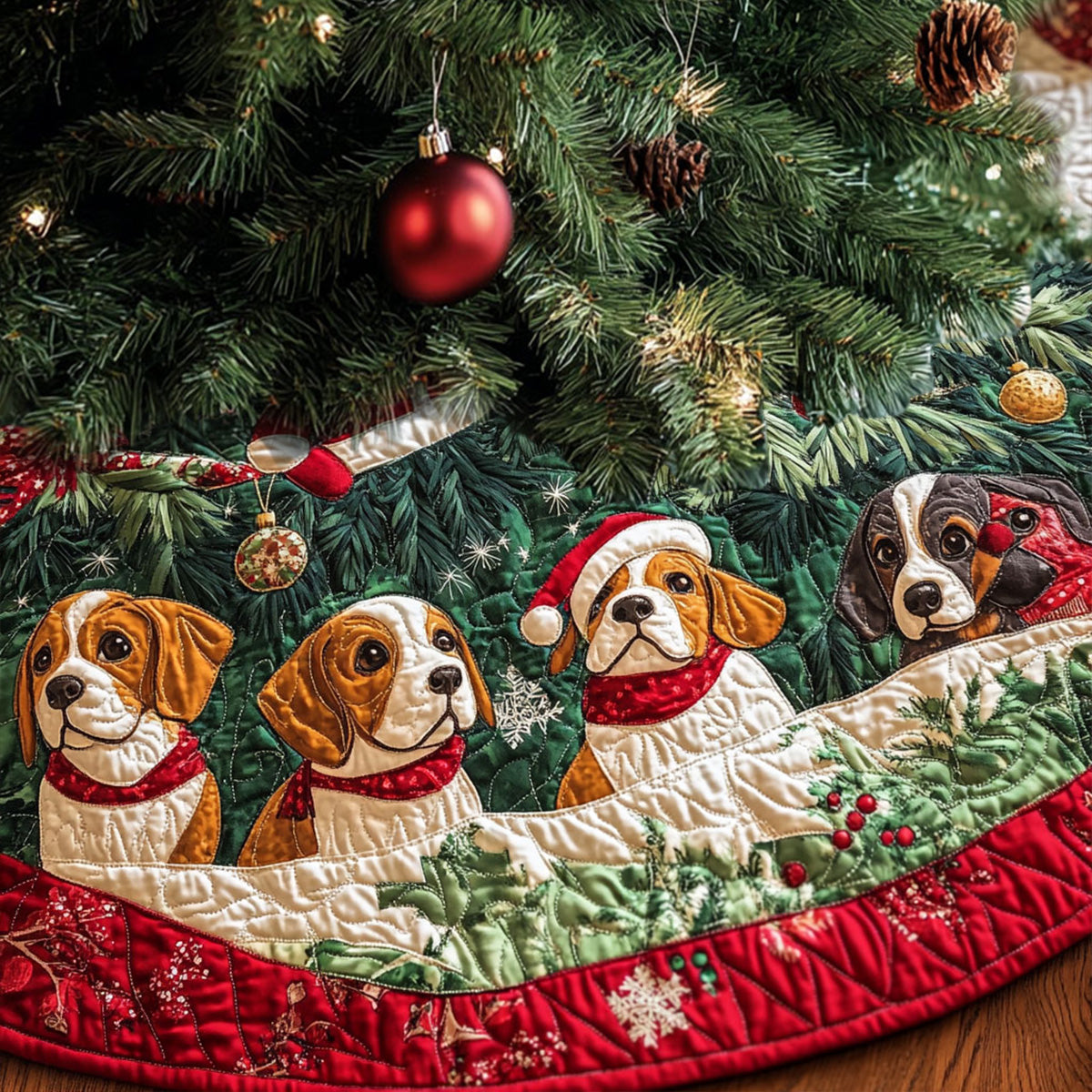 Beagle Joy Parade Quilted Christmas Tree Skirt Perfect Holiday Gift for Home Decor Lovers