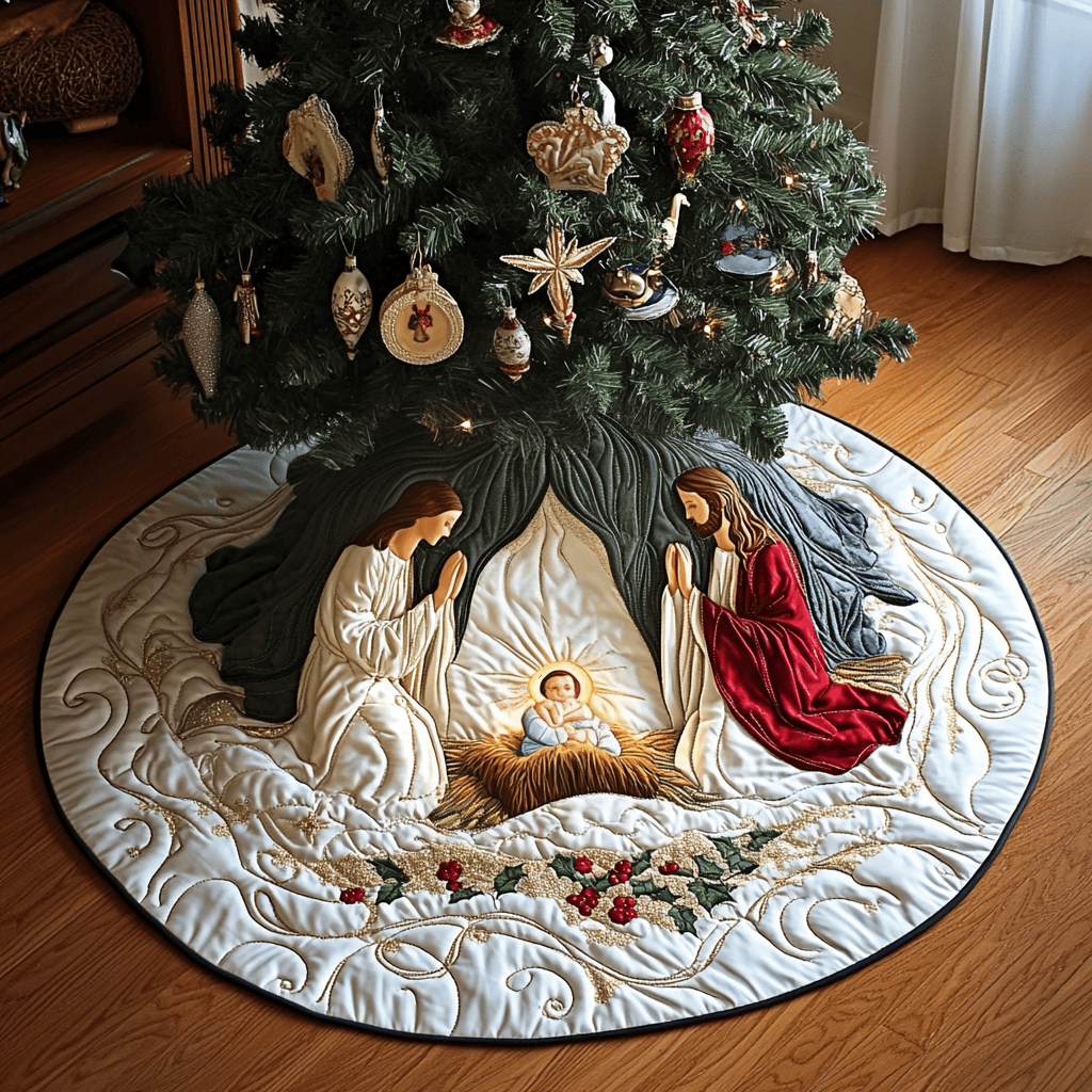 Bethlehem Peace Christmas Quilted Tree Skirt Popular Gift Merch for Christmas Enthusiasts