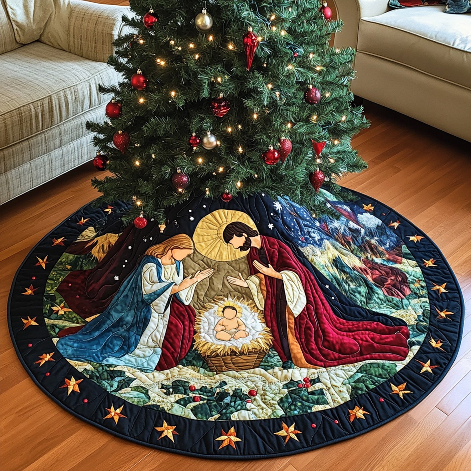 Blessed Arrival Quilted Christmas Tree Skirt Warm and Soft Christmas Tree Skirt for Winter