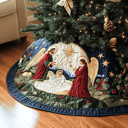 Bethlehem Blessing Christmas Quilted Tree Skirt Festive Christmas Tree Skirt for Holiday Decor