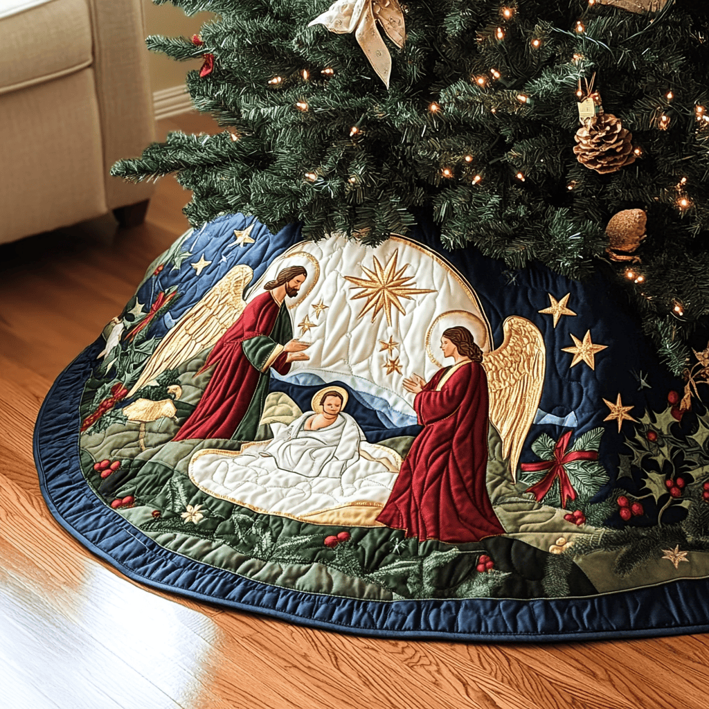 Bethlehem Blessing Christmas Quilted Tree Skirt Festive Christmas Tree Skirt for Holiday Decor