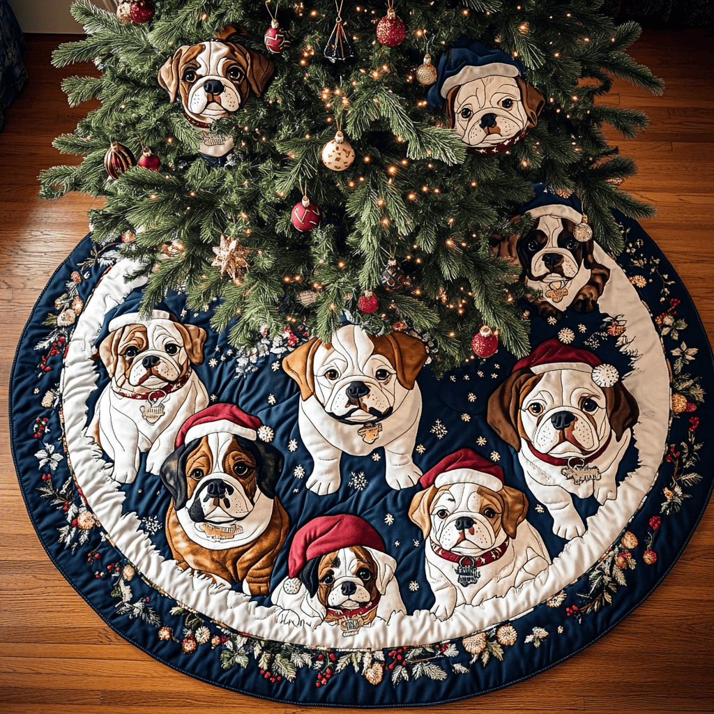 Bulldog Xmas Joy Christmas Quilted Tree Skirt Perfect Holiday Gift for Home Decor Lovers