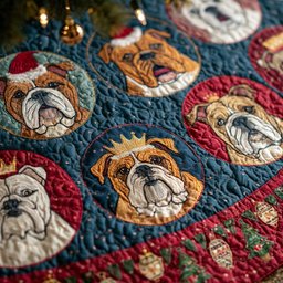 Bulldog Ornament Magic Quilted Christmas Tree Skirt Popular Gift Merch for Christmas Enthusiasts