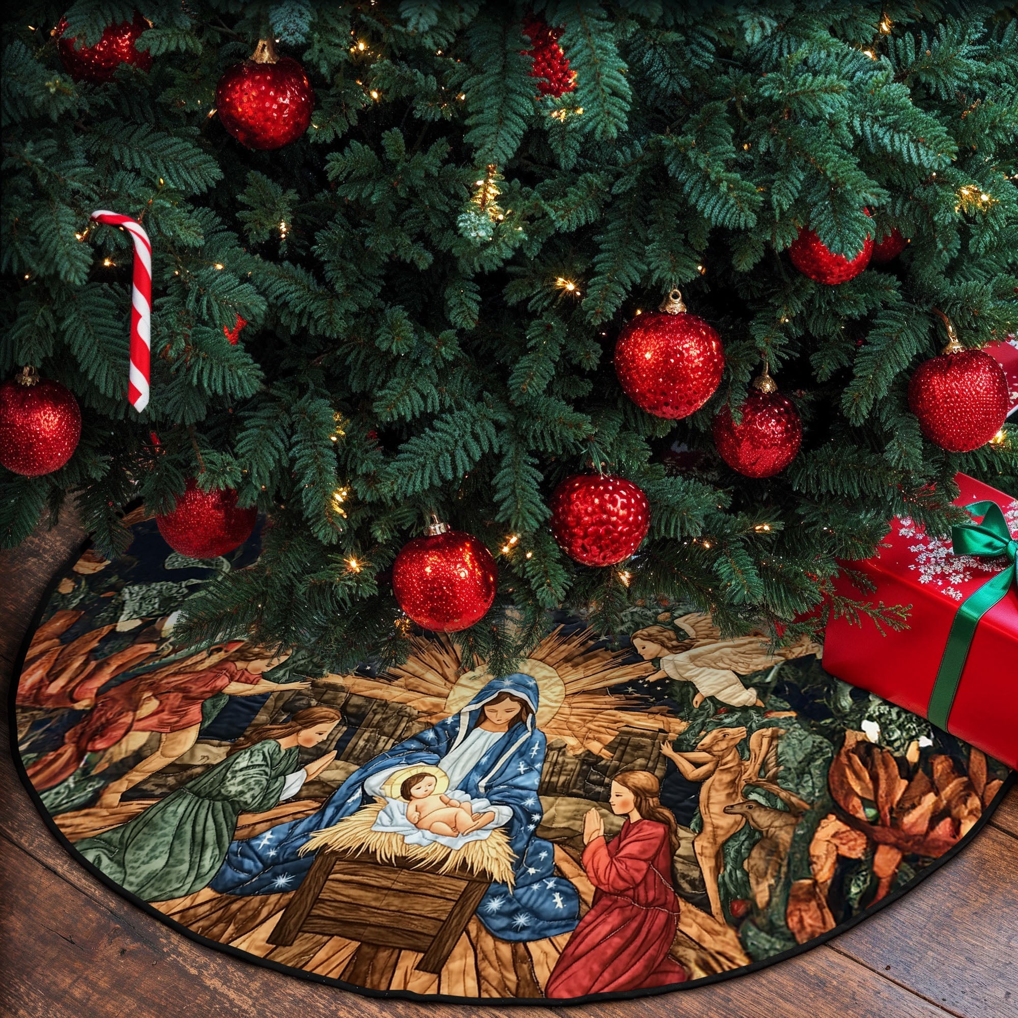 Celestial Blessing Quilted Christmas Tree Skirt Adorable Holiday Tree Skirt for Cozy Spaces